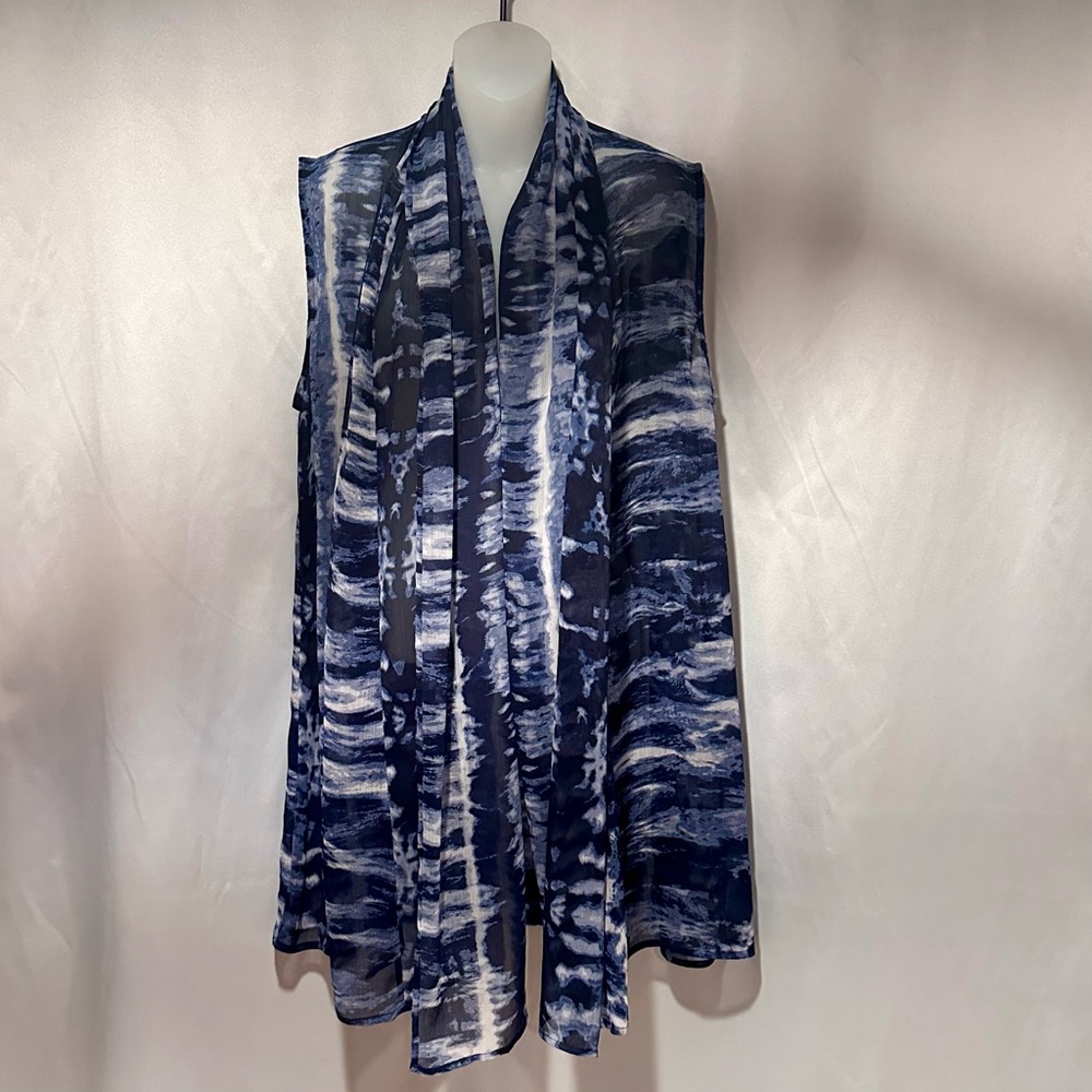 Hippie Navy and White Tie Dye Sheer Chiffon Open Front Beach Coverup Vest